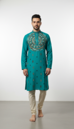 Teal Green Cotton Kantha Stitch Men’s Kurta Panjabi – Handcrafted Embroidered Ethnic Wear