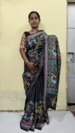 Handcrafted Kantha Stitch Bangalore Art Silk Saree – Folk Motifs on Black