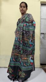 Handcrafted Kantha Stitch Bangalore Art Silk Saree – Folk Motifs on Black - Image 3