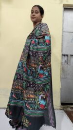 Handcrafted Kantha Stitch Bangalore Art Silk Saree – Folk Motifs on Black - Image 8