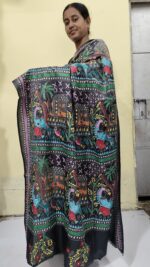Handcrafted Kantha Stitch Bangalore Art Silk Saree – Folk Motifs on Black - Image 7
