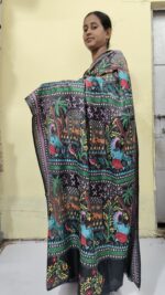 Handcrafted Kantha Stitch Bangalore Art Silk Saree – Folk Motifs on Black - Image 6