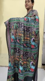 Handcrafted Kantha Stitch Bangalore Art Silk Saree – Folk Motifs on Black - Image 5