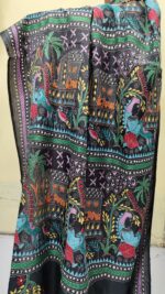 Handcrafted Kantha Stitch Bangalore Art Silk Saree – Folk Motifs on Black - Image 4