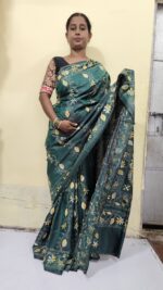 Handcrafted Kantha Stitch Bangalore Art Silk Saree – Floral & Leaf Motifs on Dark Green