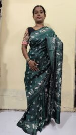 Handcrafted Kantha Stitch Art Silk Saree – White Floral & Paisley Motifs Dark Green - Image 5