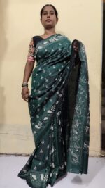 Handcrafted Kantha Stitch Art Silk Saree – White Floral & Paisley Motifs Dark Green - Image 6