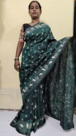 Handcrafted Kantha Stitch Art Silk Saree – White Floral & Paisley Motifs Dark Green