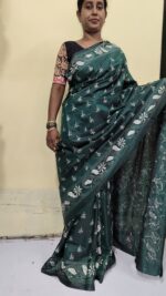 Handcrafted Kantha Stitch Art Silk Saree – White Floral & Paisley Motifs Dark Green - Image 2