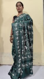 Handcrafted Kantha Stitch Art Silk Saree – White Floral & Paisley Motifs Dark Green - Image 3