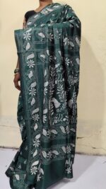 Handcrafted Kantha Stitch Art Silk Saree – White Floral & Paisley Motifs Dark Green - Image 4