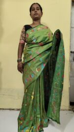 Handcrafted Kantha Stitch Art Silk Saree – Multicolor Floral Embroidery Green - Image 6