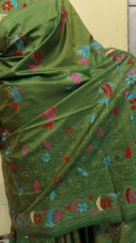 Handcrafted Kantha Stitch Art Silk Saree – Multicolor Floral Embroidery Green - Image 3
