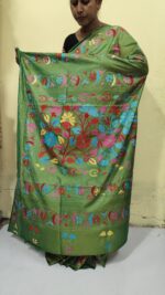 Handcrafted Kantha Stitch Art Silk Saree – Multicolor Floral Embroidery Green - Image 4