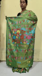 Handcrafted Kantha Stitch Art Silk Saree – Multicolor Floral Embroidery Green - Image 5