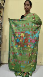 Handcrafted Kantha Stitch Art Silk Saree – Multicolor Floral Embroidery Green