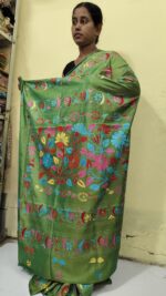 Handcrafted Kantha Stitch Art Silk Saree – Multicolor Floral Embroidery Green - Image 2