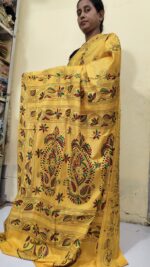 Handcrafted Kantha Stitch Art Silk Saree – Multicolor Floral & Paisley Motifs Yellow - Image 4
