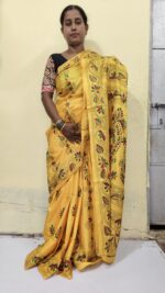 Handcrafted Kantha Stitch Art Silk Saree – Multicolor Floral & Paisley Motifs Yellow