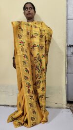 Handcrafted Kantha Stitch Art Silk Saree – Multicolor Floral & Paisley Motifs Yellow - Image 3