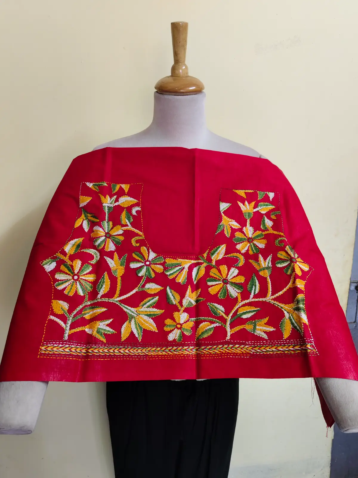 IMG_20260625_093055.webp Premium Cotton Kantha Stitch Blouse Material – Multicolor Floral Embroidery Red - Image 1