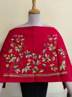 Premium Cotton Kantha Stitch Blouse Material – Multicolor Floral Embroidery on Red - Image 2