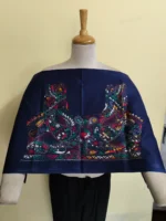 Premium Cotton Kantha Stitch Blouse Material – Peacock & Floral Motifs on Dark Blue