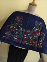 Premium Cotton Kantha Stitch Blouse Material – Peacock & Floral Motifs on Dark Blue - Image 3