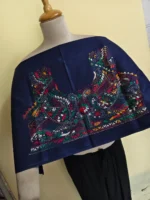Premium Cotton Kantha Stitch Blouse Material – Peacock & Floral Motifs on Dark Blue - Image 2