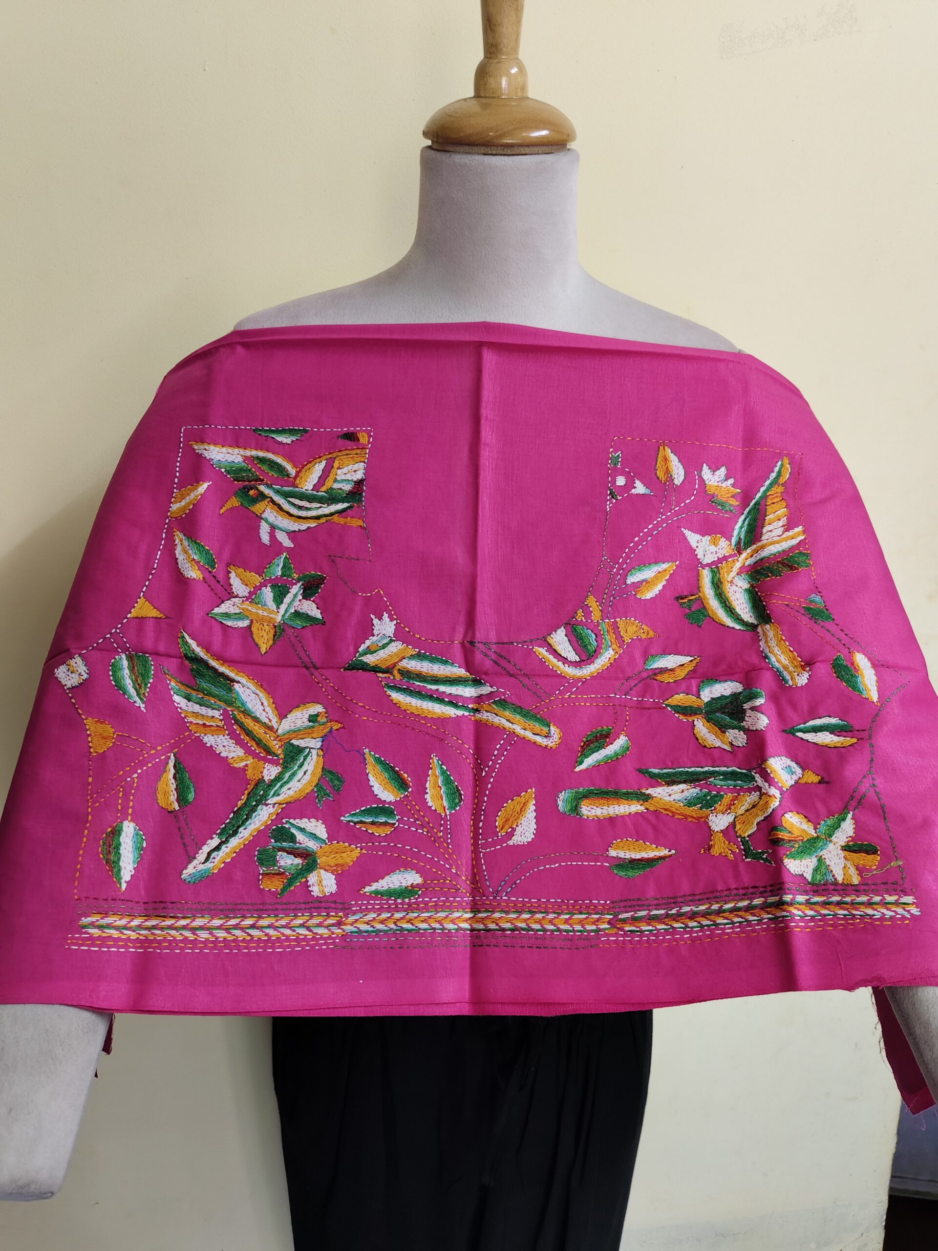 IMG_20260625_094327 Premium Pure Cotton Kantha Stitch Blouse Material – Bird & Floral Motifs Bright Pink - Image 1