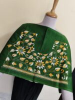 Handcrafted Premium Cotton Kantha Stitch Blouse Material – White & Yellow Floral Motifs Green - Image 3