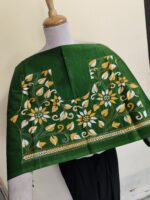 Handcrafted Premium Cotton Kantha Stitch Blouse Material – White & Yellow Floral Motifs Green - Image 2