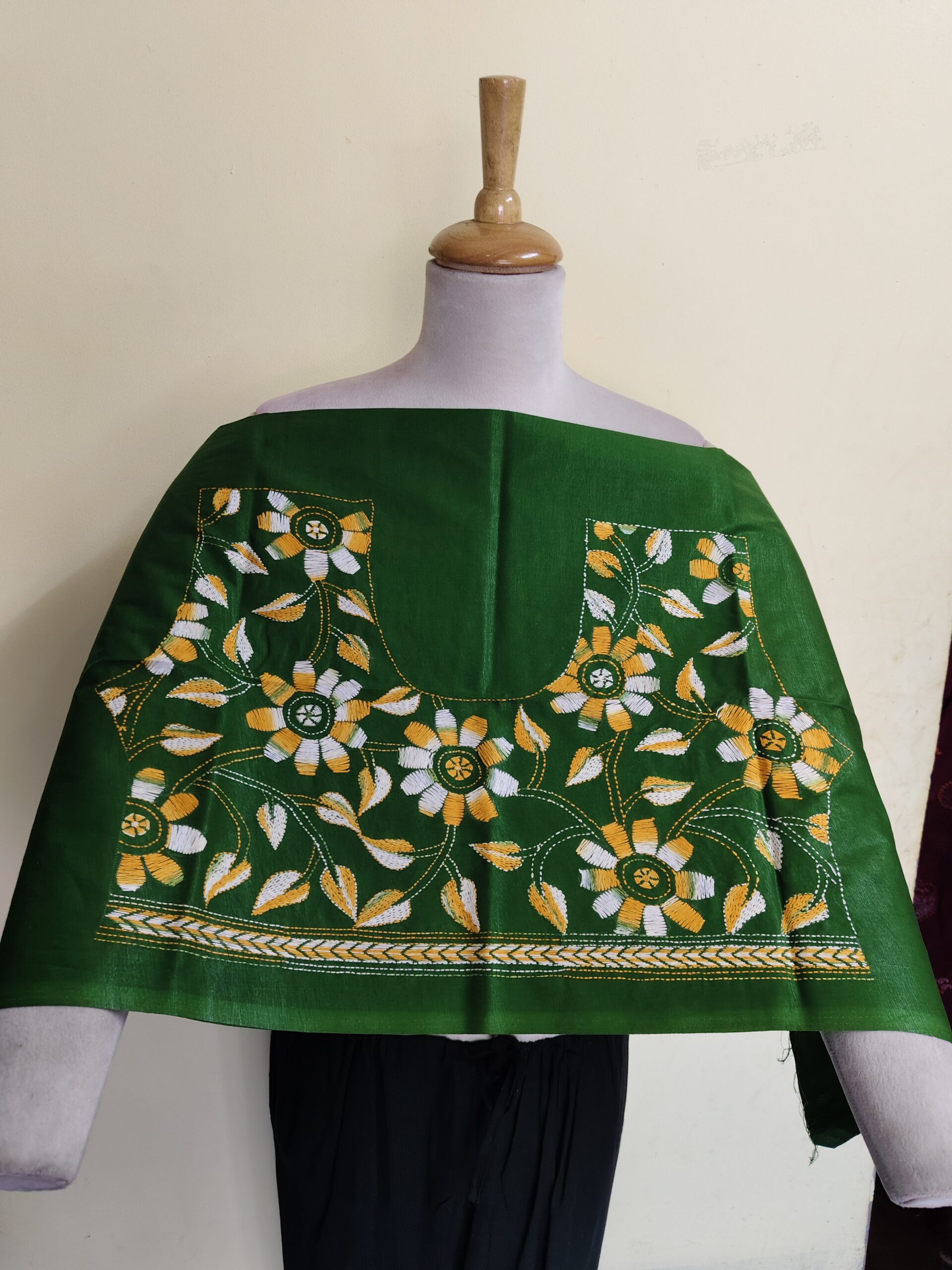 IMG_20260625_095607 Premium Cotton Kantha Stitch Blouse Material – White & Yellow Floral Motifs Green - Image 1