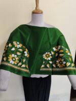 Handcrafted Premium Cotton Kantha Blouse Material – White & Yellow Floral Motifs Green - Image 4