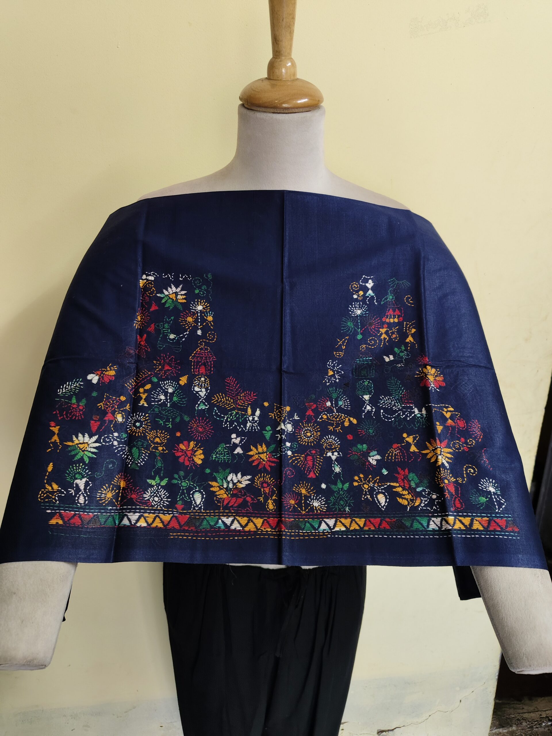 IMG_20260625_104618 Premium Cotton Kantha Stitch Blouse Material – Folk Bird Floral Motifs Dark Blue - Image 1