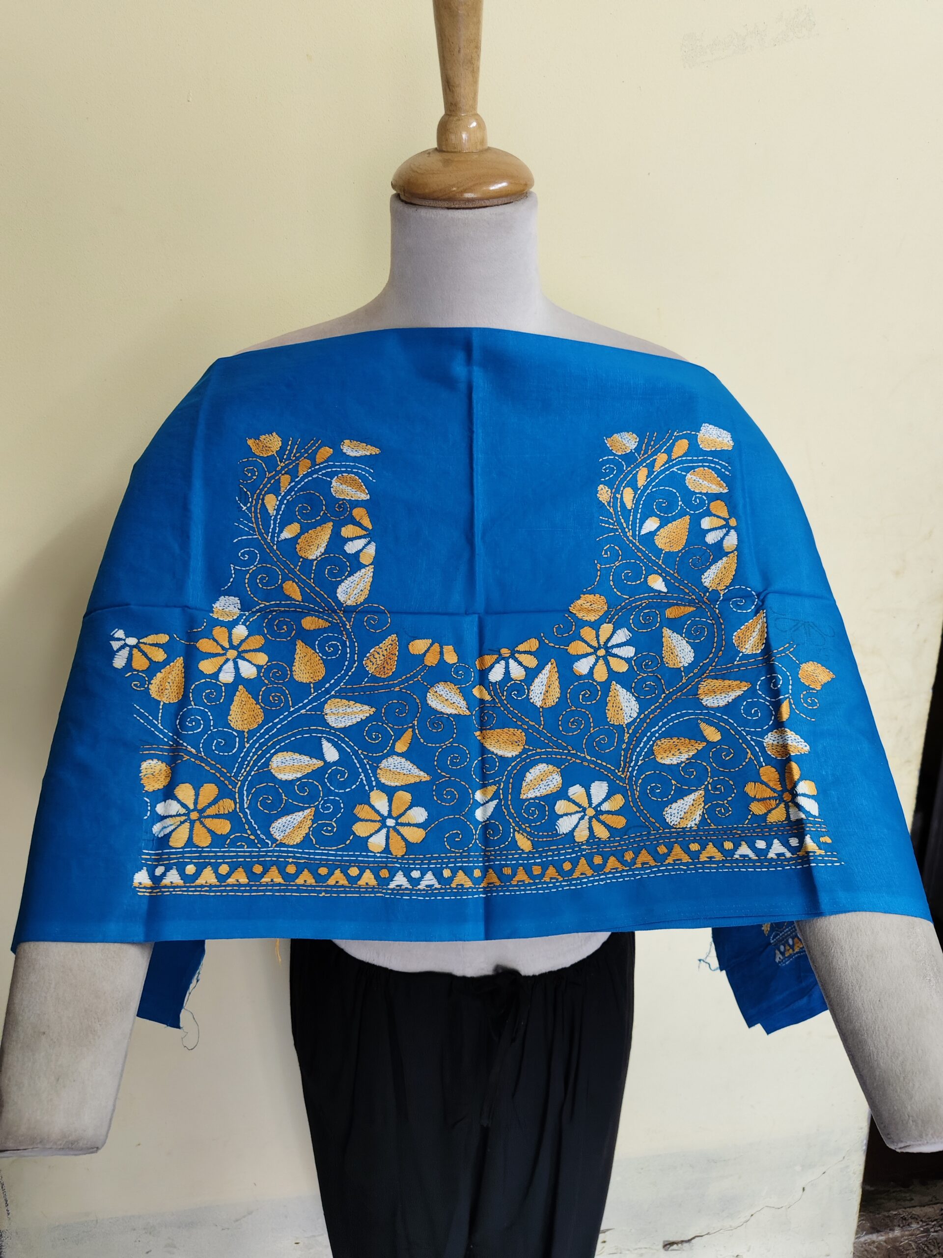 IMG_20260625_113316 Premium Cotton Kantha Stitch Blouse Material – Multicolor Floral Embroidery Blue - Image 1