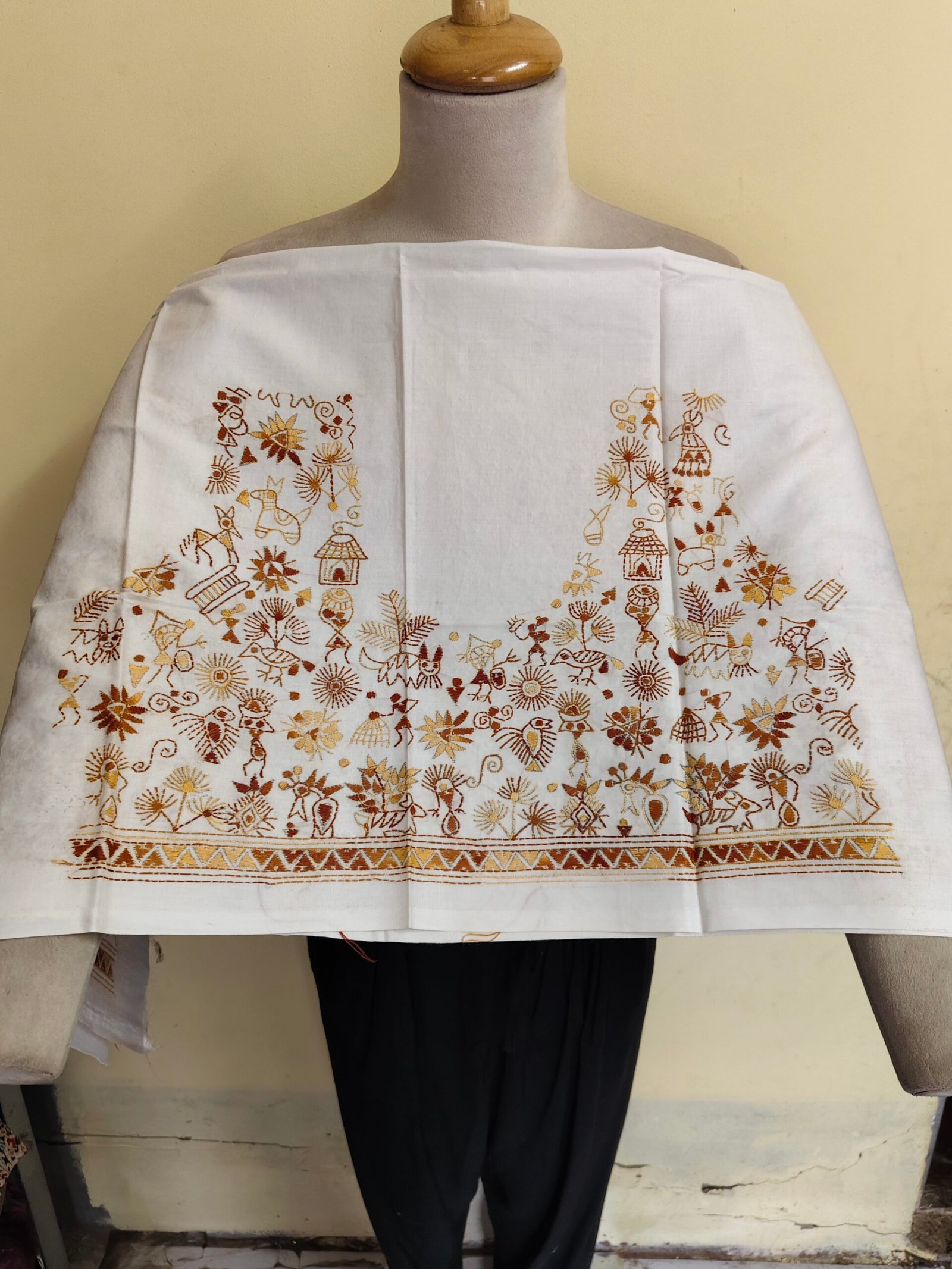 IMG_20260625_115309 Premium Pure Cotton Kantha Stitch Blouse Material – Tribal Folk Motifs White - Image 1