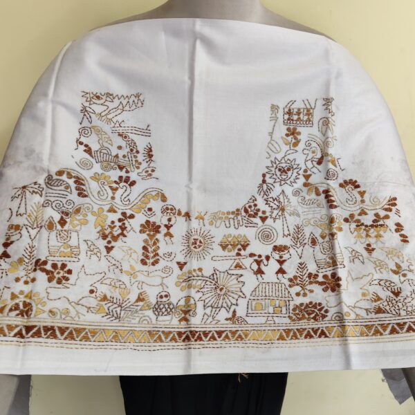 Premium Pure Cotton Kantha Blouse Material – Tribal Folk Motifs White