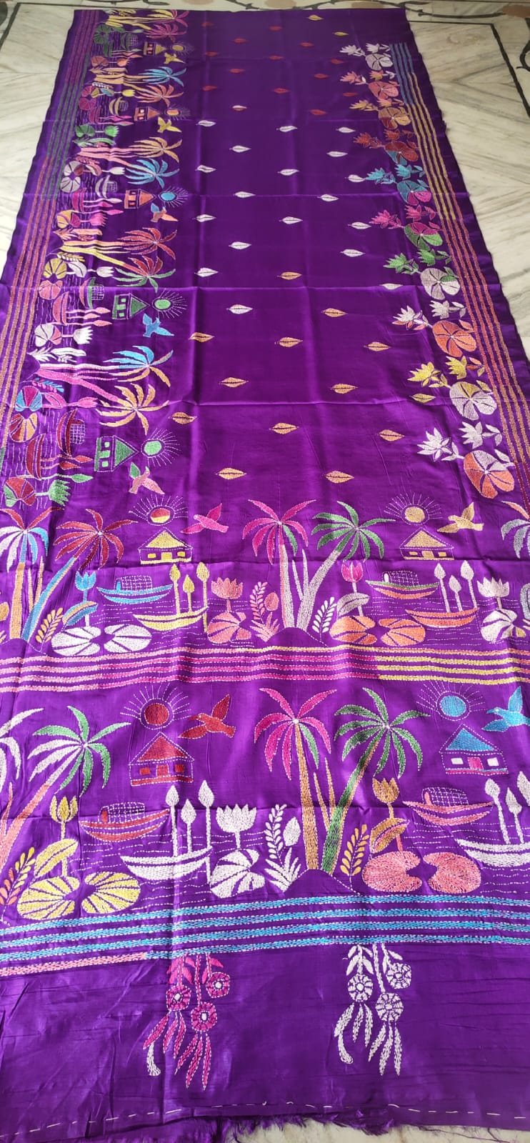 WhatsApp Image 2026-07-13 at 7.22.00 PM Handcrafted Kantha Stitch Art Silk Saree – Village & Nature Motifs - Image 1