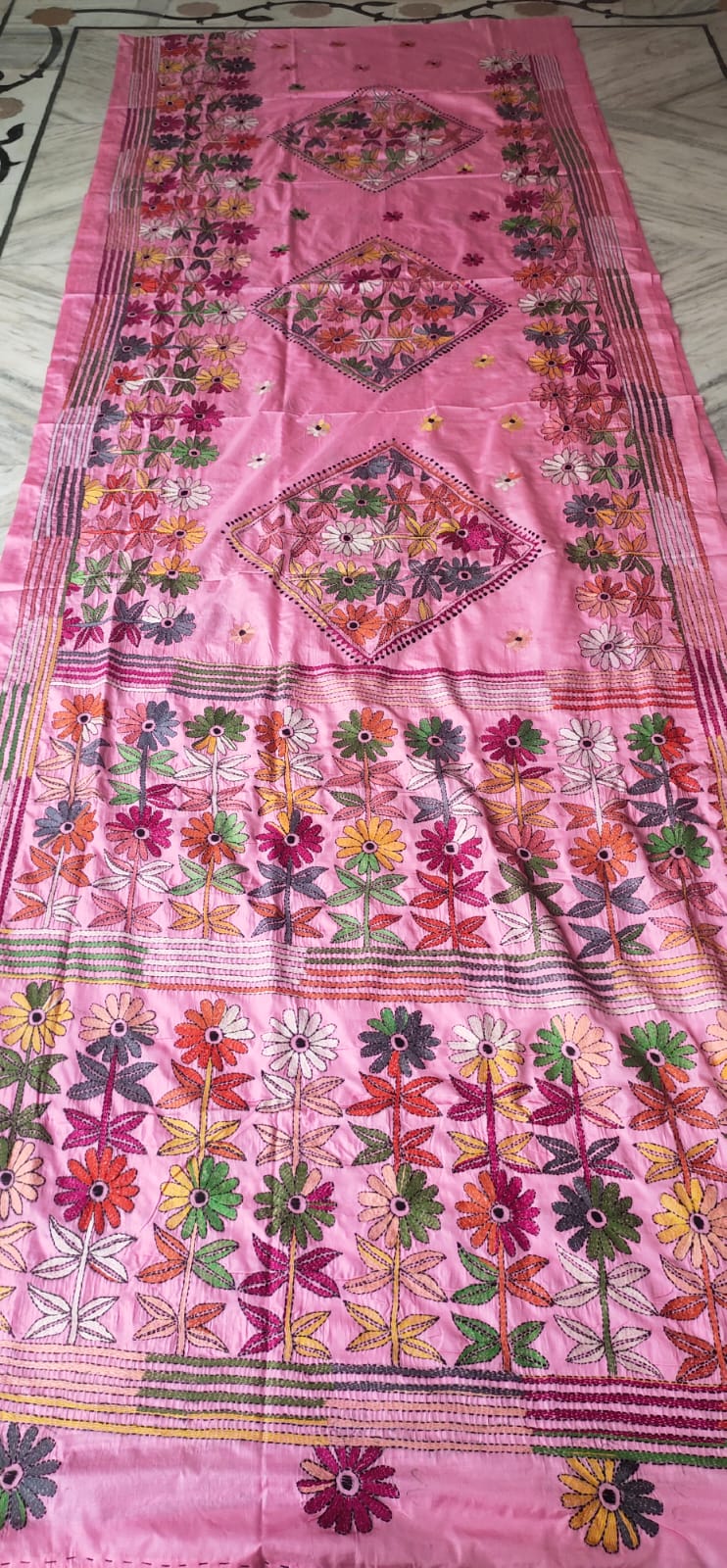 WhatsApp Image 2026-07-17 at 7.46.58 AM (1) Handcrafted Kantha Stitch Art Silk Saree – Diamond Floral Panel Pink - Image 1