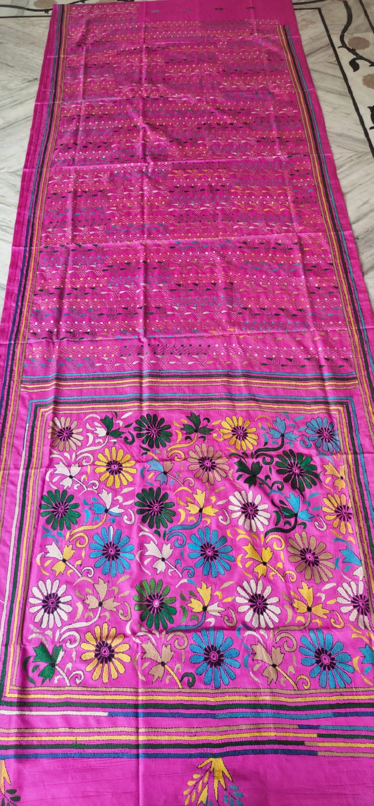 WhatsApp Image 2026-07-17 at 7.47.06 AM (1) Handcrafted Kantha Stitch Art Silk Saree – Multicolor Floral & Vine Motifs on Pink - Image 1