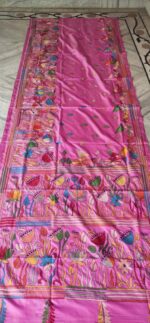 Handcrafted Kantha Stitch Art Silk Saree – Stylized Floral Borders on Pink