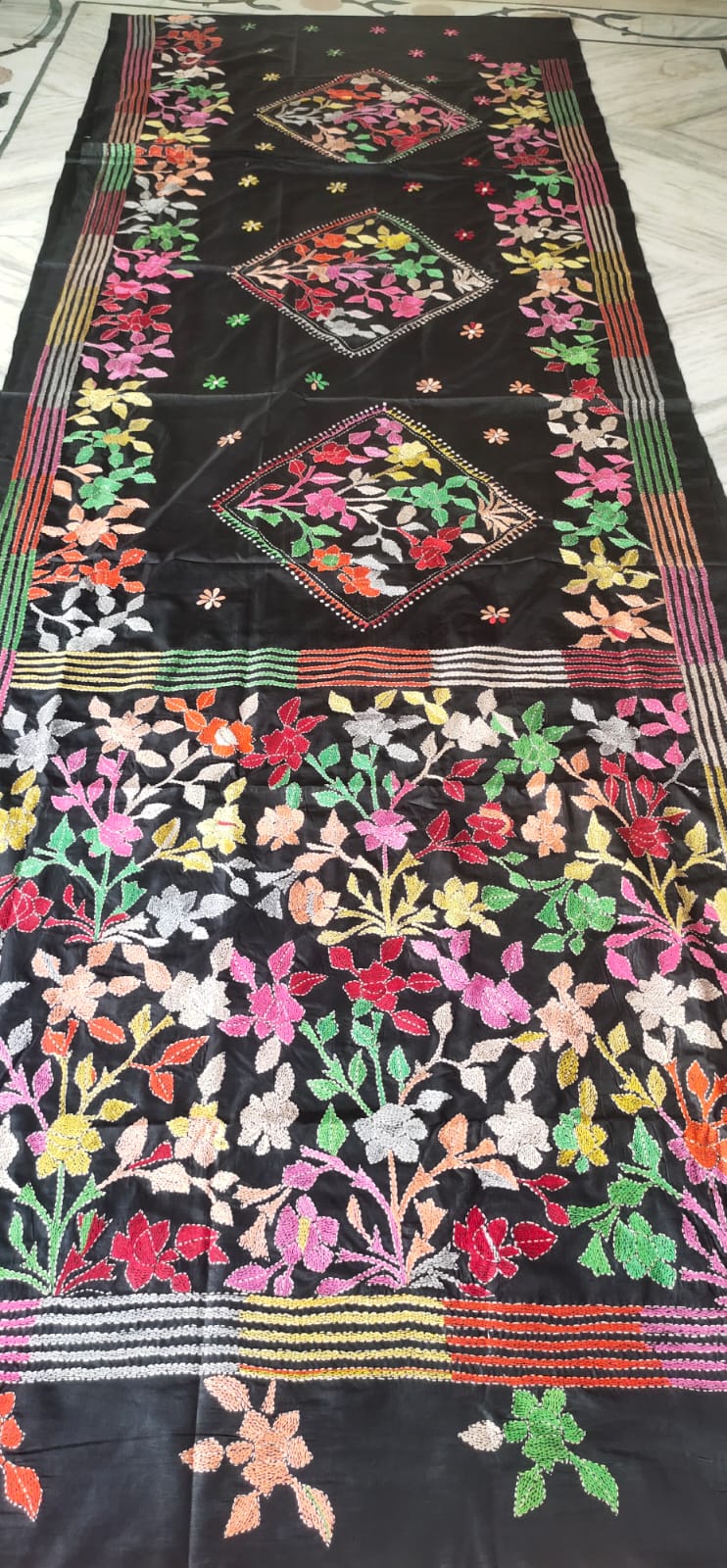 WhatsApp Image 2026-07-20 at 8.21.24 PM Handcrafted Kantha Stitch Art Silk Saree – Multicolor Floral - Image 1