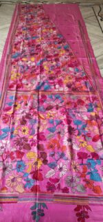 Handcrafted Kantha Stitch Art Silk Saree – Diamond Floral Panel Pink