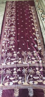 Handcrafted Kantha Stitch Art Silk Saree – Village Life Motifs on Maroon