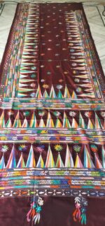 Handcrafted Kantha Stitch Art Silk Saree – Geometric & Floral Motifs Maroon