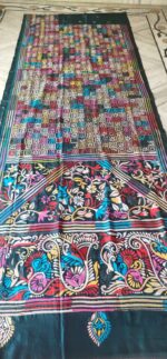 Handcrafted Kantha Stitch Art Silk Saree – Geometric & Floral Motifs Green