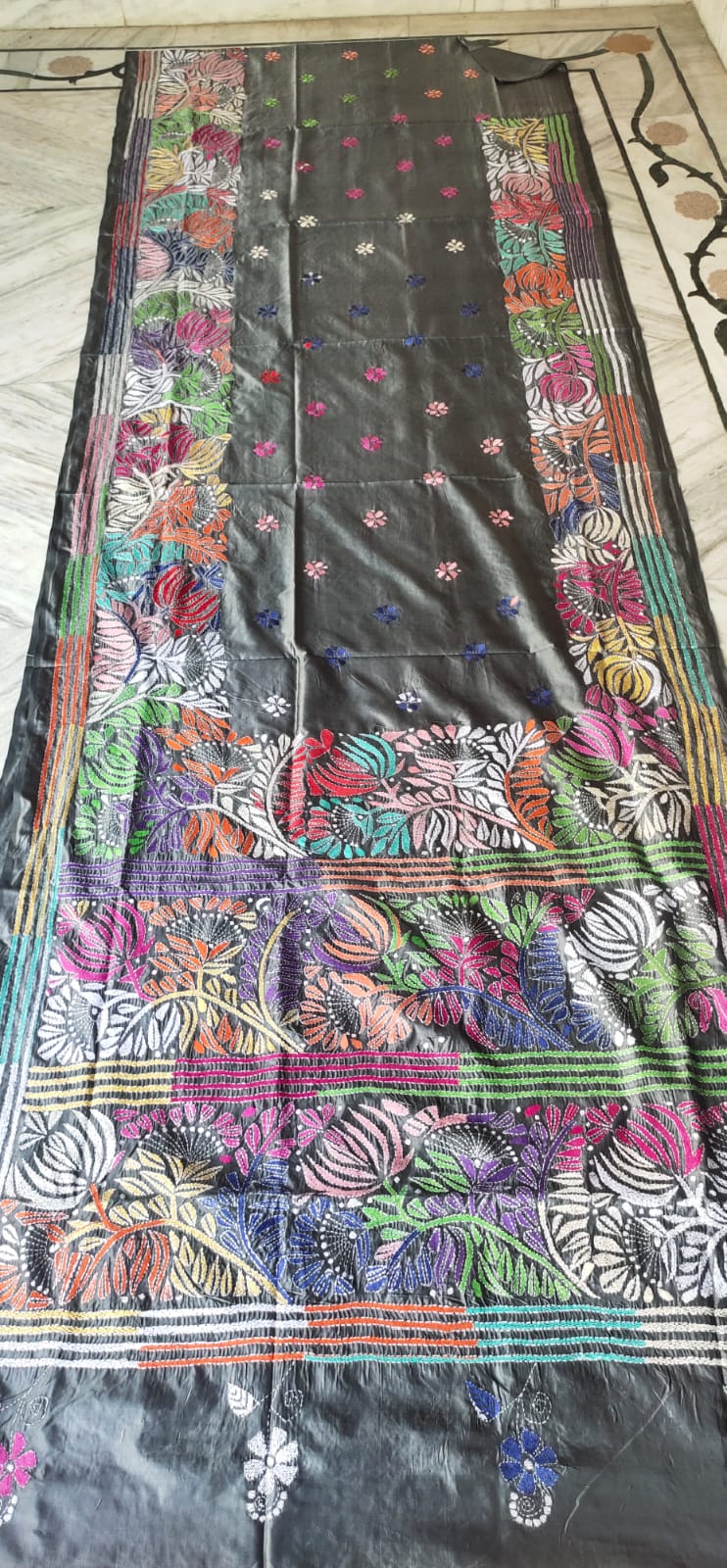 WhatsApp Image 2026-07-20 at 8.21.32 PM Handcrafted Kantha Stitch Art Silk Saree – Multicolor Floral Borders on Dark Base - Image 1