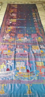 Handcrafted Kantha Stitch Art Silk Saree – Boat & Palm Tree Motifs Blue
