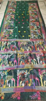 Handcrafted Kantha Stitch Art Silk Saree – Deer & Nature Motifs on Dark Green